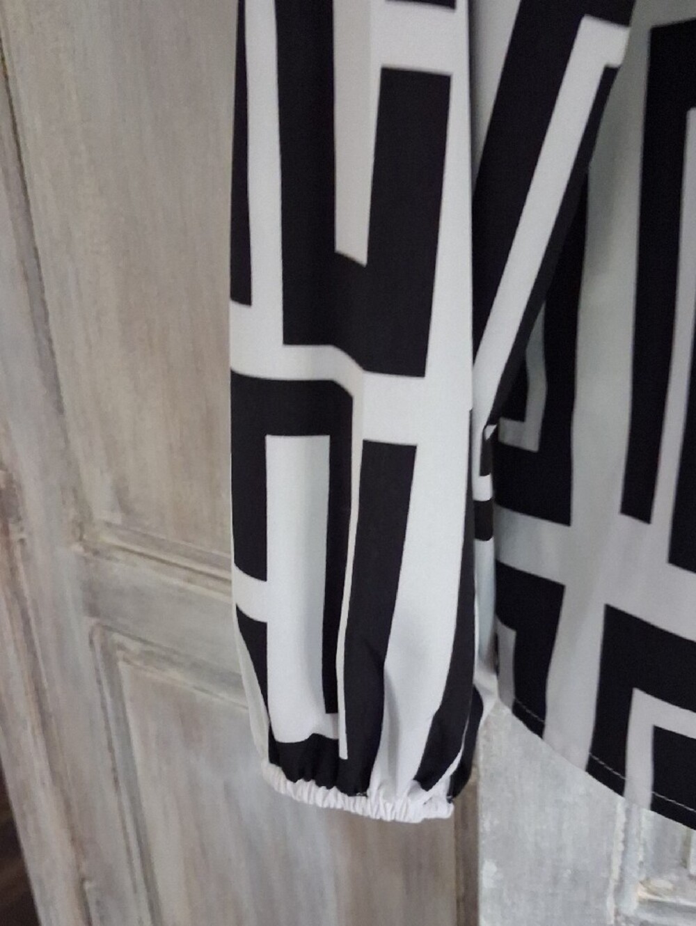 Black & White Geometric One-Shoulder Blouse with Buckle Strap - Picture 5 of 5